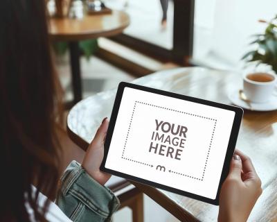 Digital Menu Mockup in Woman's Hand Inside Restaurant 