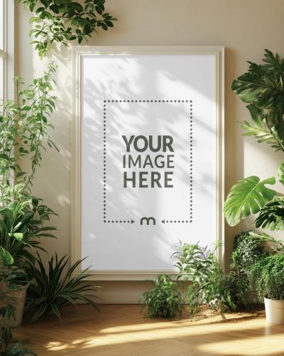 Frame Mockup with Indoor Plants for Eco-Brand Identity Display