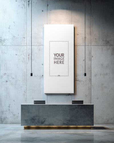 Long Vertical Poster Frame Mockup in Clean Reception Interior
