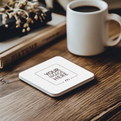 Square Drink Coaster Mockup on Coffee Table for Beverage Branding