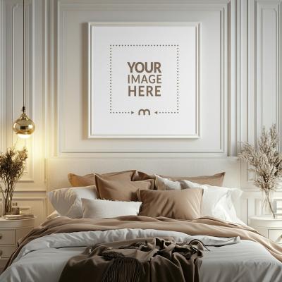 Square Frame Mockup on Wall for Bedroom Interior Art Display